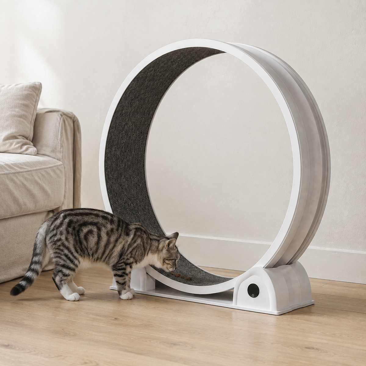 Un chat découvre la roue Catwheel et renifle les friandises posées sur la piste.