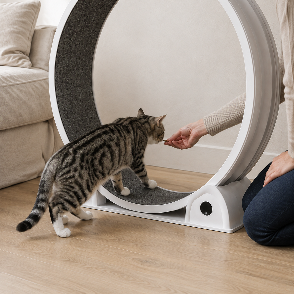Un chat monte sur la piste de la roue Catwheel, attiré par une friandise proposée à la main.