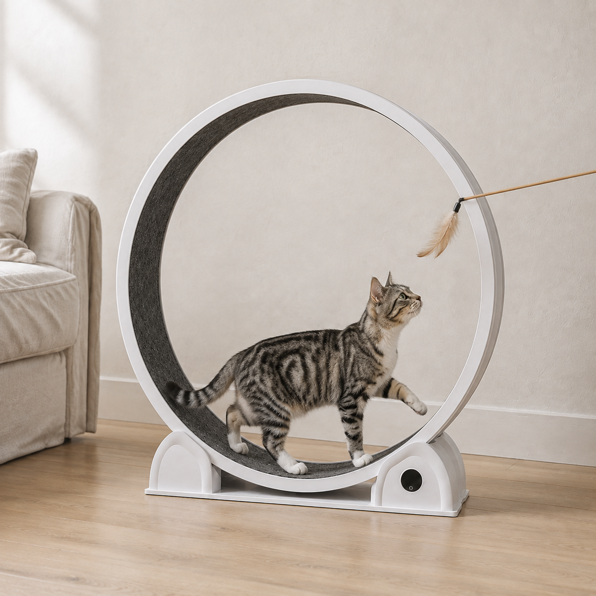 Un chat fait ses premiers pas dans la roue Catwheel en suivant un jouet à plume.