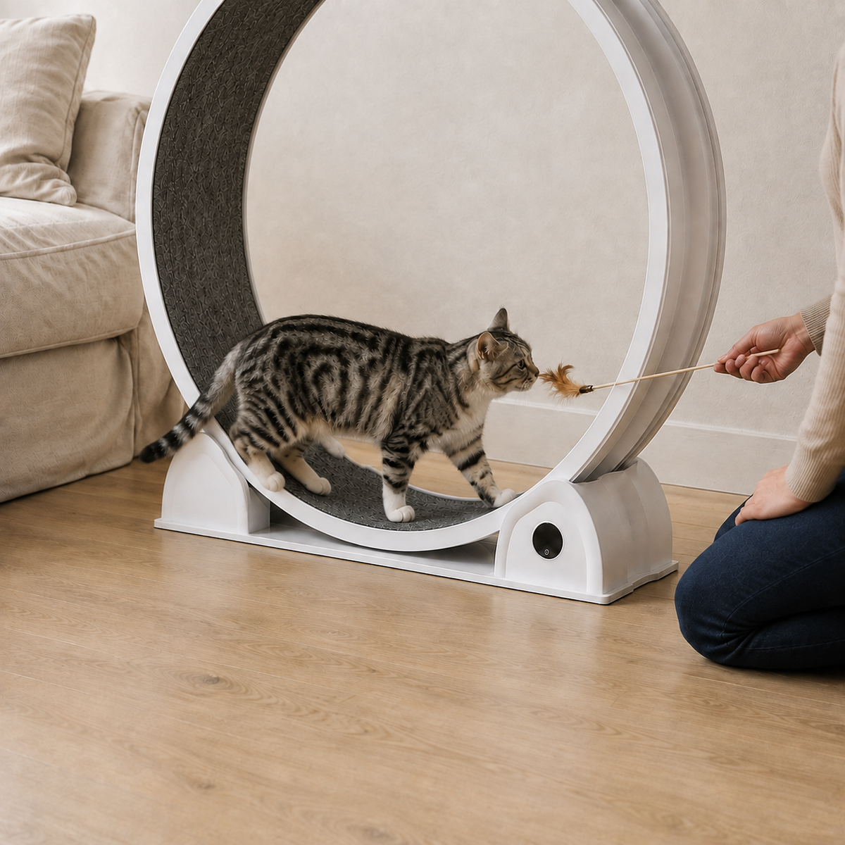 Un chat marche dans la roue Catwheel en suivant un plumeau tenu à distance par sa propriétaire.