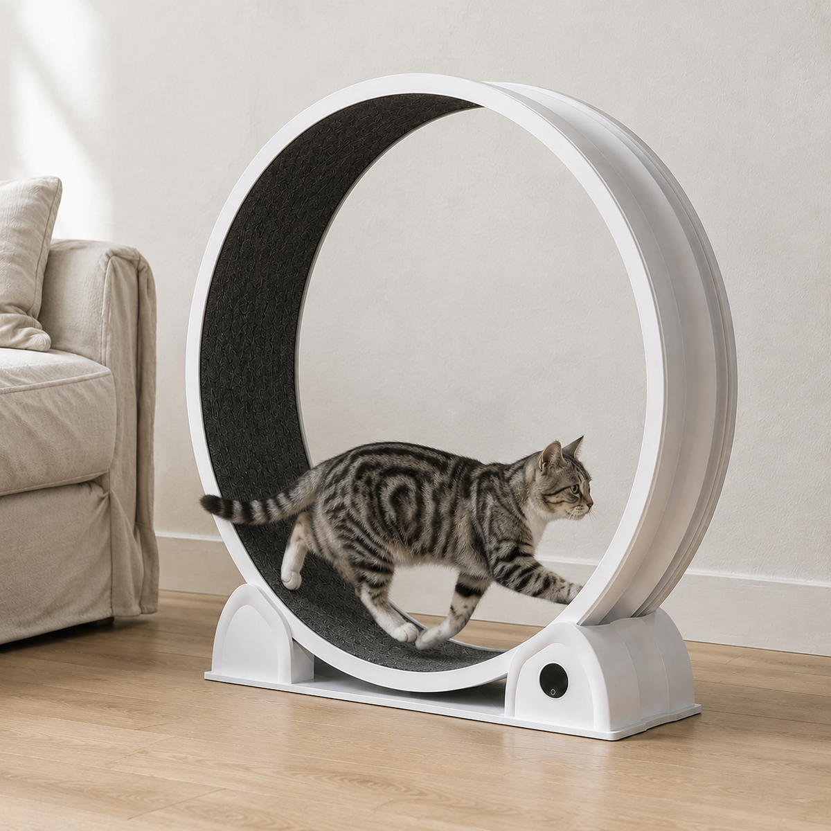 Un chat court librement dans la roue Catwheel blanche.