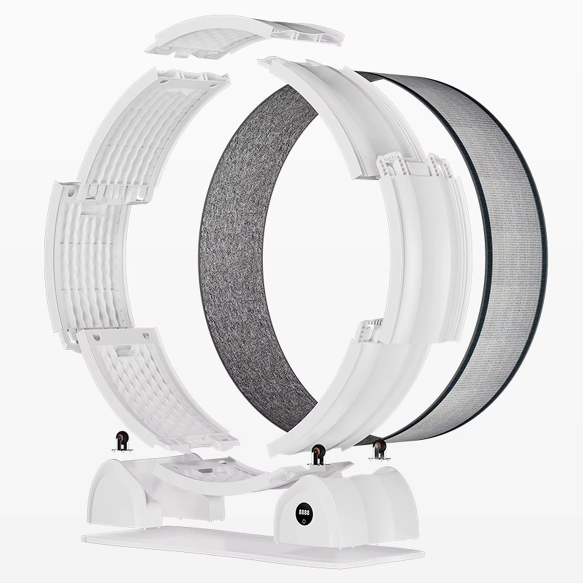 Vue éclatée de la roue Catwheel blanche : segments à emboîter, tapis gris, roulettes et socle avec podomètre.