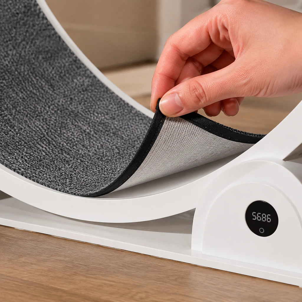 Une main soulève le tapis gris amovible de la roue Catwheel blanche pour montrer son envers.