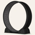 Roue pour chat Catwheel noire vue de trois quarts, avec tapis gris et afficheur rond sur le socle.