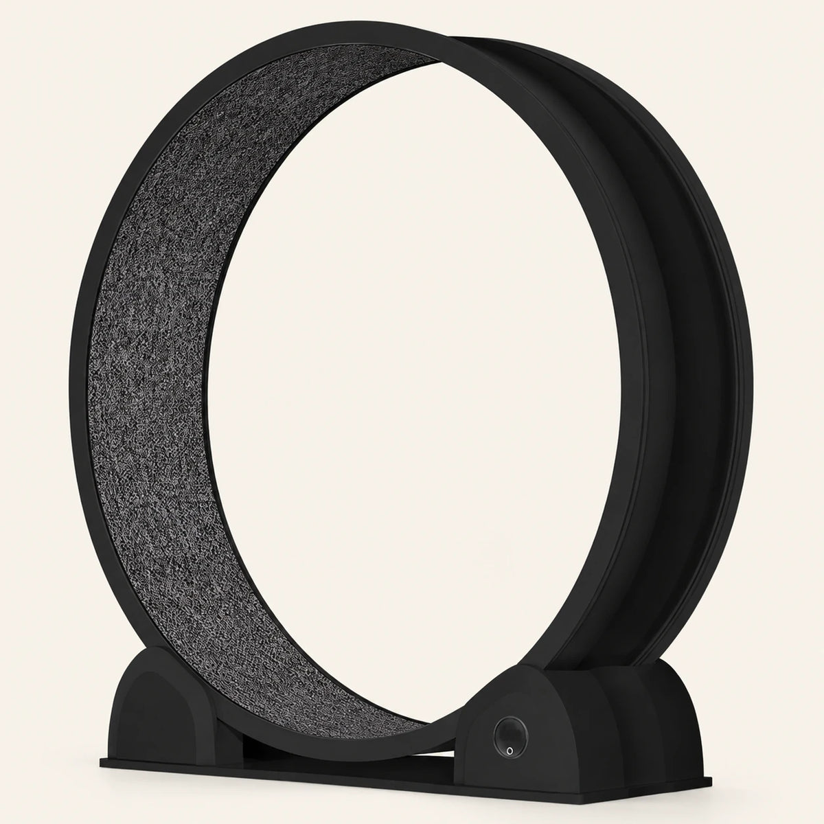 Roue pour chat Catwheel noire vue de trois quarts, avec tapis gris et afficheur rond sur le socle.