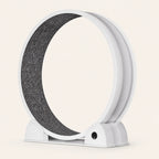 Roue pour chat Catwheel blanche vue de trois quarts, avec tapis gris et afficheur rond sur le socle.