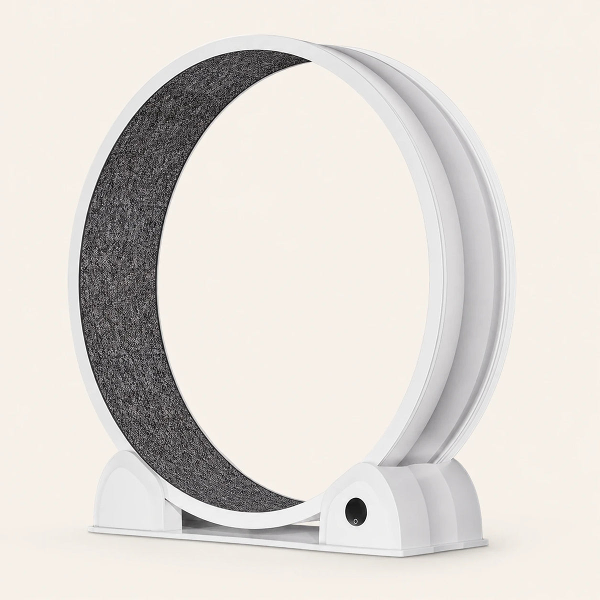 Roue pour chat Catwheel blanche vue de trois quarts, avec tapis gris et afficheur rond sur le socle.