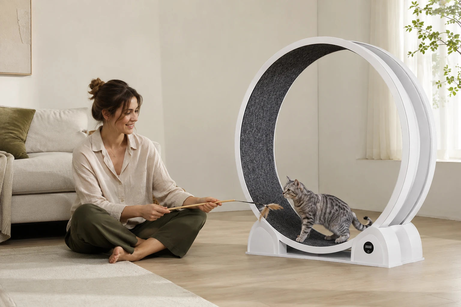 Une personne accompagne son chat dans la découverte de la roue Catwheel.