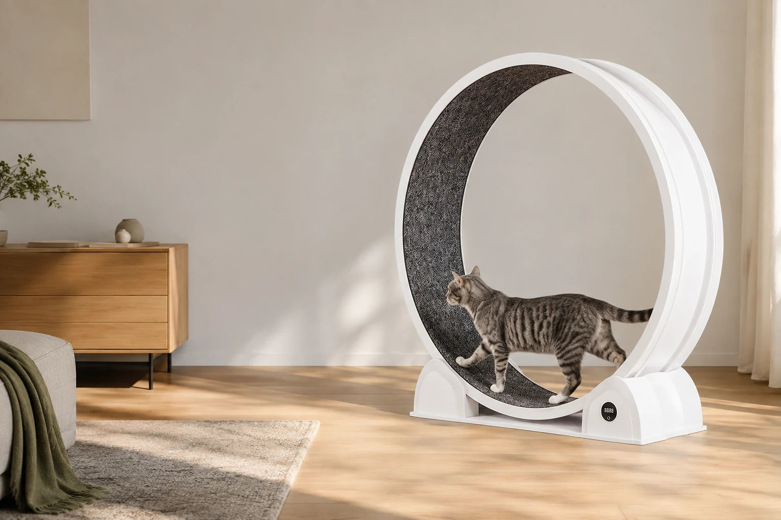 Roue Catwheel blanche avec un chat dans un intérieur lumineux.