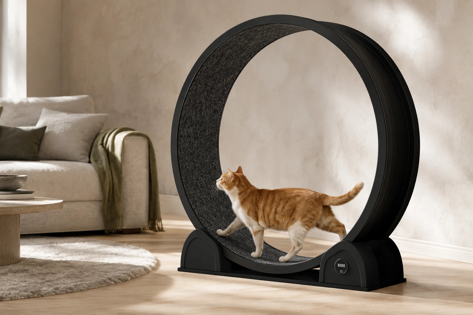 Roue Catwheel noire mise en scène dans un salon.