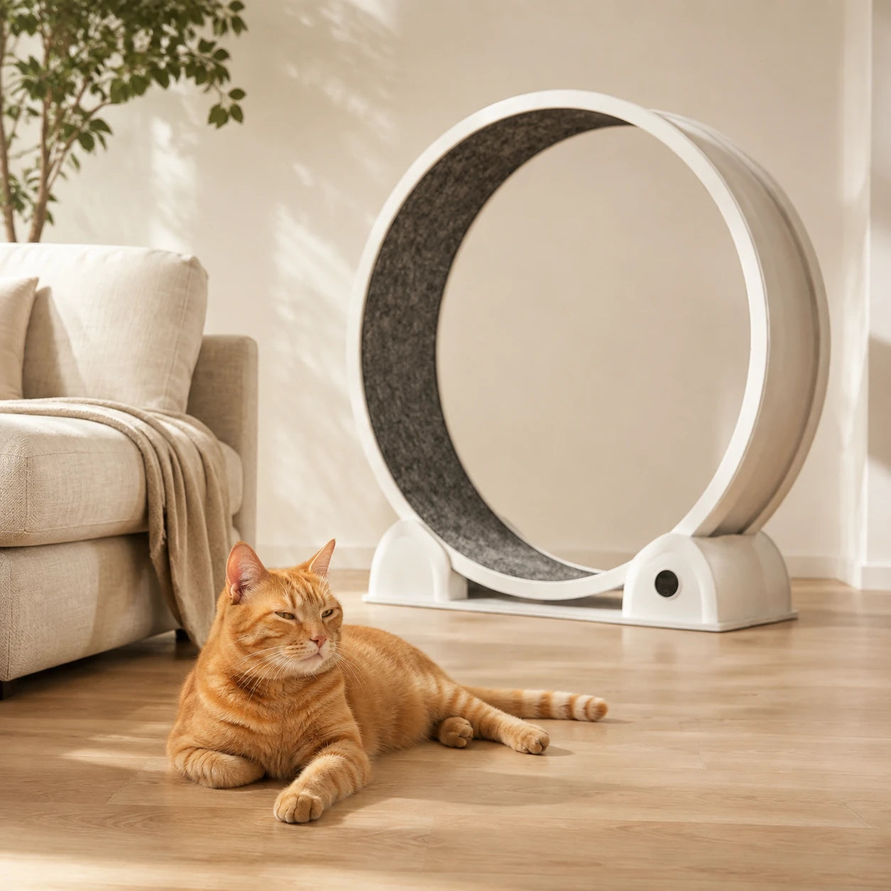 Un chat se repose au sol à côté de la roue Catwheel dans un salon calme.