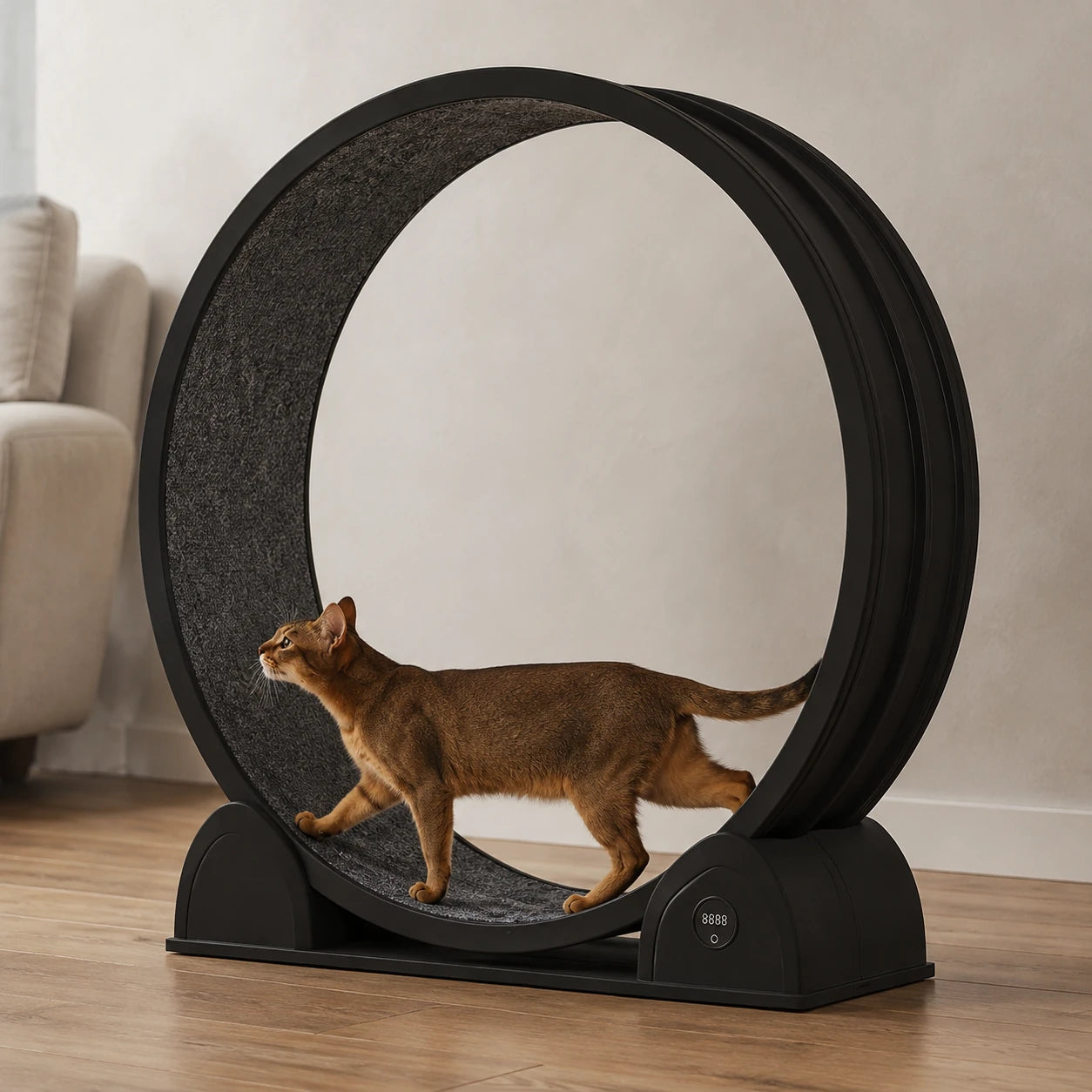 Un chat se dépense dans la roue Catwheel, avec les pattes sur la piste intérieure.