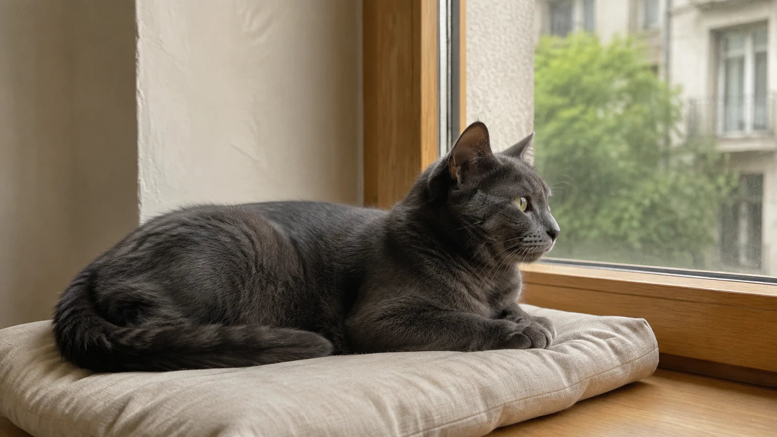 Un chat d’intérieur observe l’extérieur depuis la fenêtre.