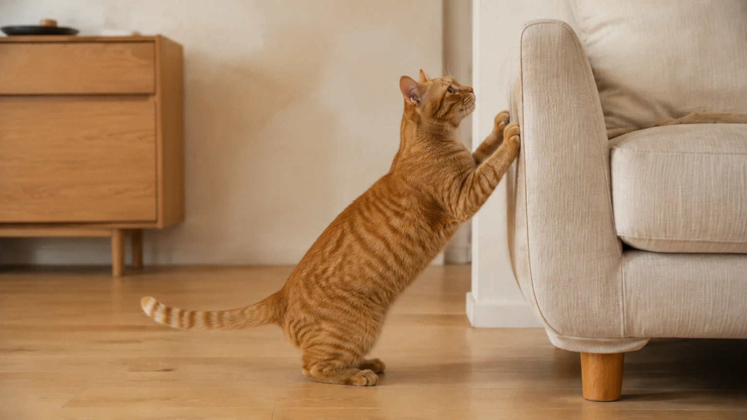Un chat étire ses pattes contre le coin d’un canapé en tissu.