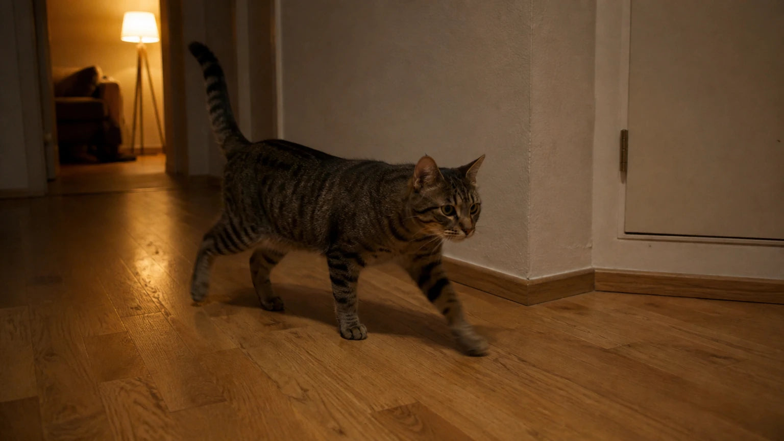 Un chat court dans le salon à la nuit tombée.